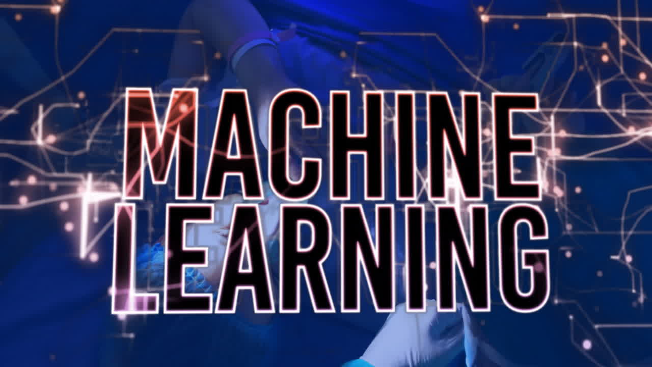 Animation of digital network with machine learning text over technology background