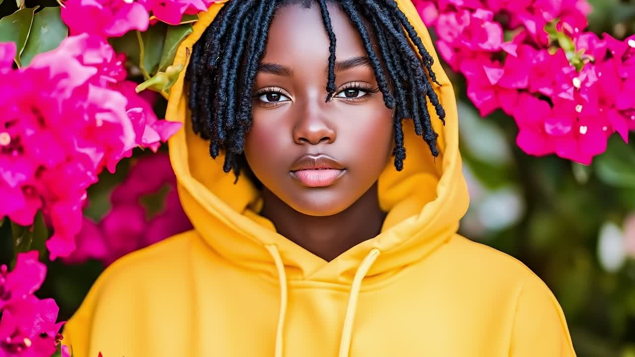 A woman in a yellow hoodie standing in front of pink flowers