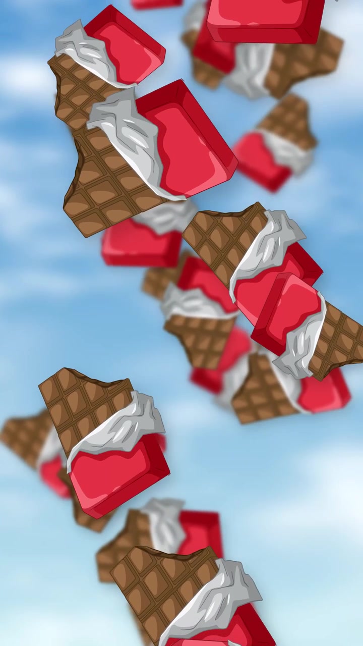 Stylized chocolate waffle desserts with red glaze fall vertically against a bright blue cloudy sky.