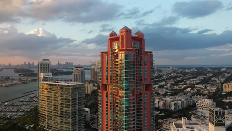 High-shot-of-Miami-skyline-over-water