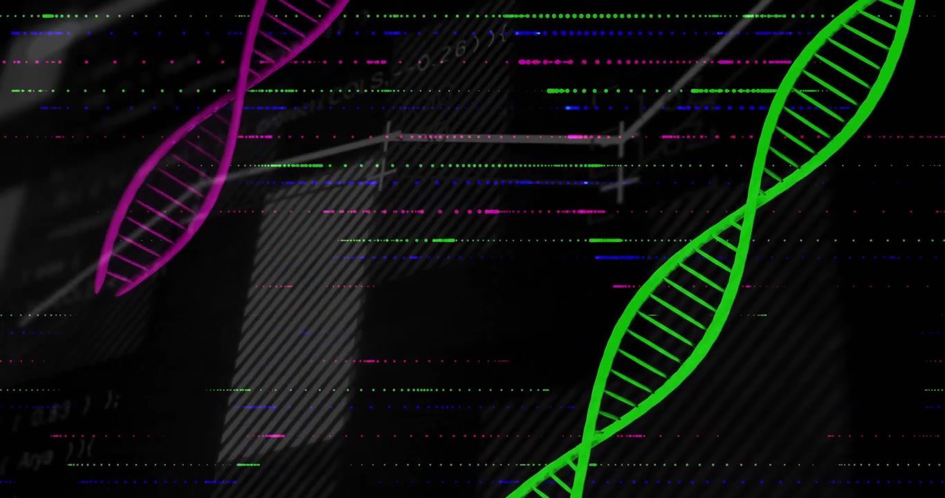 Glitch signal starting canvas, DNA helix icons appearing while chart line rising showing data trend