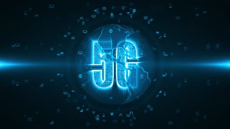 motion graphic of blue 5g word and earth sphere with icon technology futuristic elements abstract background seamless loop video