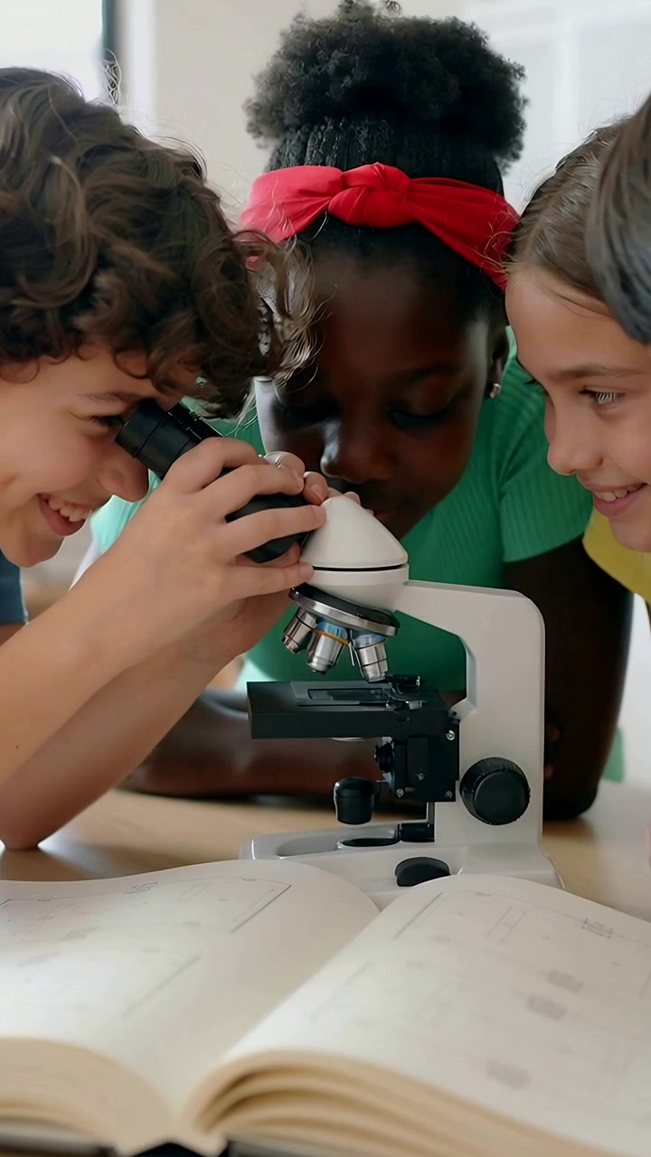 Vertical video: Huddling 3 kids peering into microscope in class, interest guiding with open book
