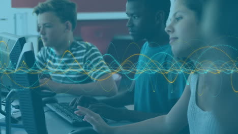 animation of spirals over diverse male and female students using computers