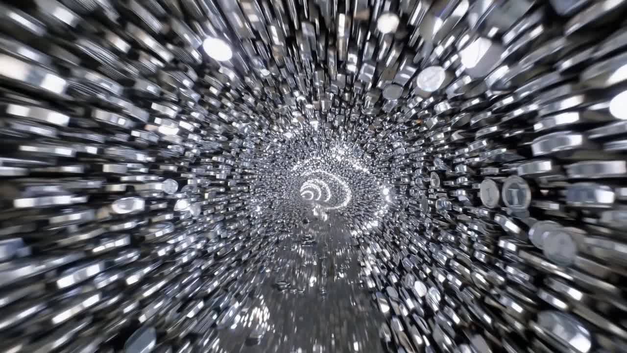 Dynamic motion sequence through a shimmering tunnel of reflective surfaces, showcasing the mesmerizing flow of light and texture in a captivating visual experience