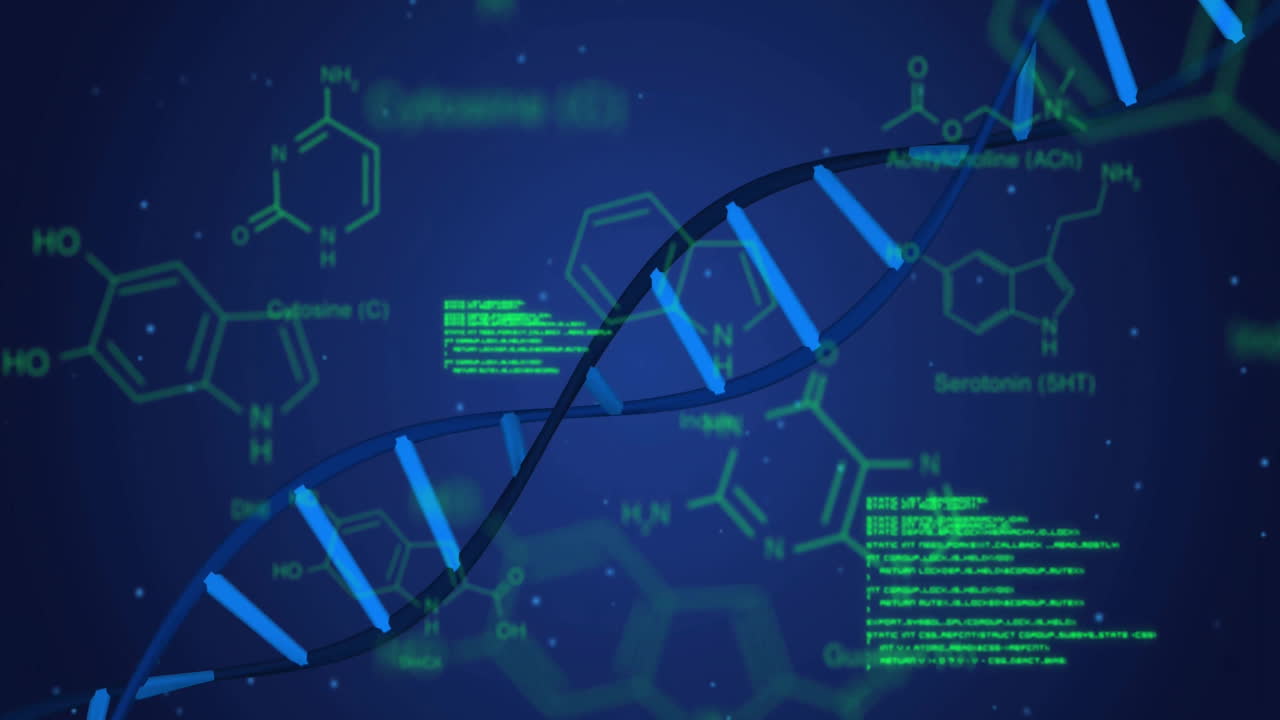 animación del procesamiento de datos y la fórmula química sobre la cadena de adn