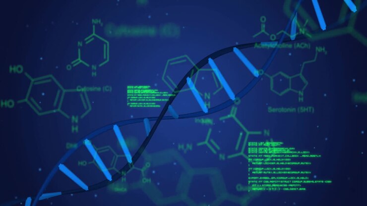 Animation of data processing and chemical formula over dna strand