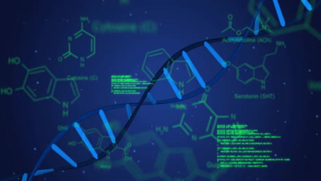 Animation-Der-Datenverarbeitung-Und-Der-Chemischen-Formel-über-Einem-DNA-Strang