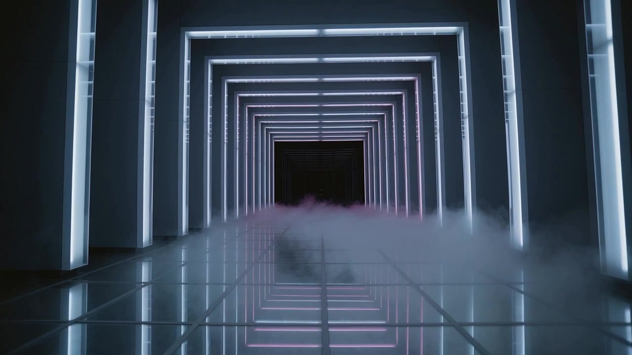 Receding repeating LED frames mirroring glossy floor, offscreen fogger emitting haze