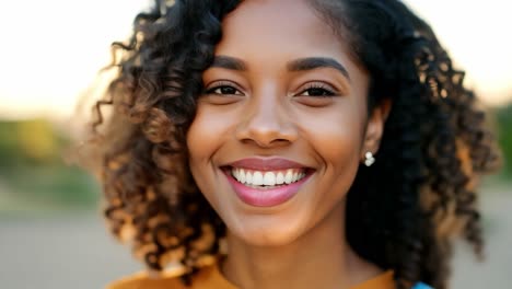 retrato de una mujer sonriente con el cabello rizado