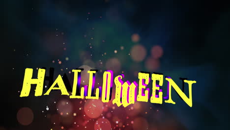 animation of happy halloween text banner over glowing light spots against black background