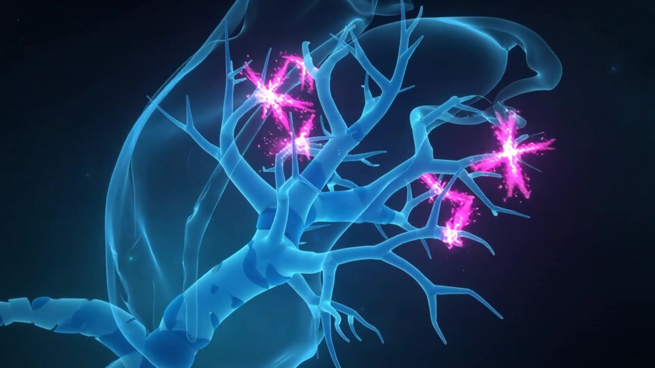 Camera shifting showing lighting blue branched network rotating, ejecting pink dots in organ shell
