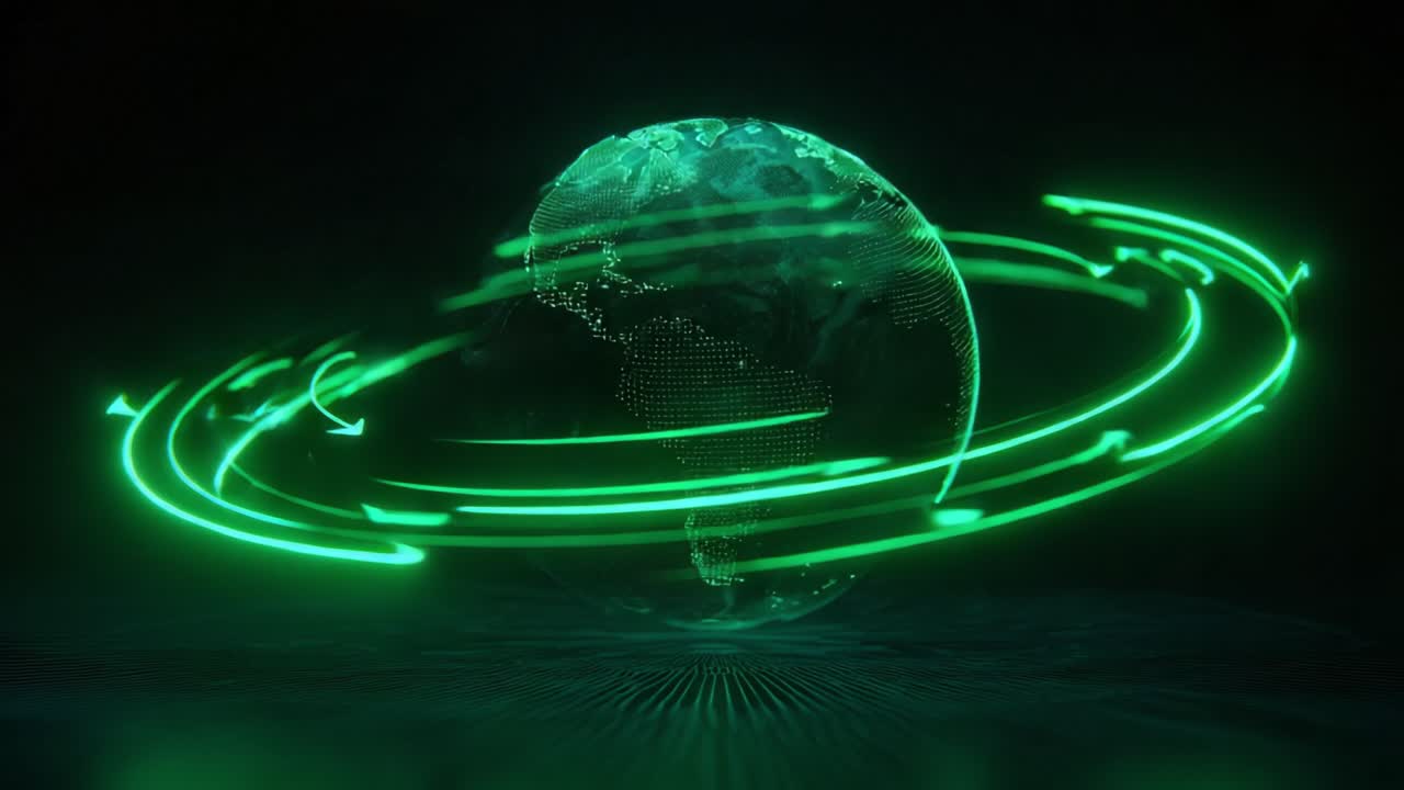 Futuristic digital planet Earth spinning on its axis, surrounded by glowing green neon arrows indicating global connection, communication, and networking concepts on a dark technological background