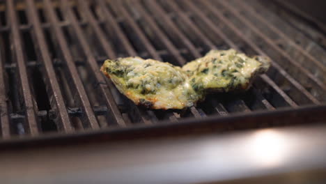 ostras a la parrilla rockefeller, queso y salsa de mantequilla se derriten y burbujean sobre las llamas de la parrilla, cierre en cámara lenta hd