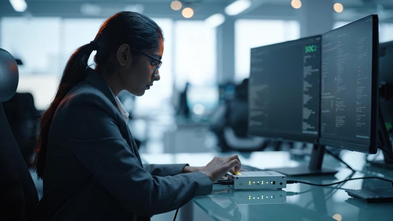 Focused Professional Engaged in Advanced Computing Tasks at a Modern Office Workspace with Multiple Monitors and High-Tech Equipment Being Utilized.
