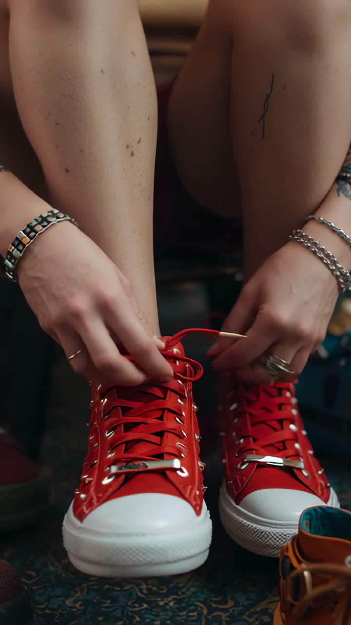Video verticale: donna seduta su una panchina che allaccia le sneakers rosse di tela, stringendole per farle aderire bene