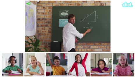 Animation-of-video-call-screens-of-chalkboard-and-diverse-teacher-and-children-having-online-lesson