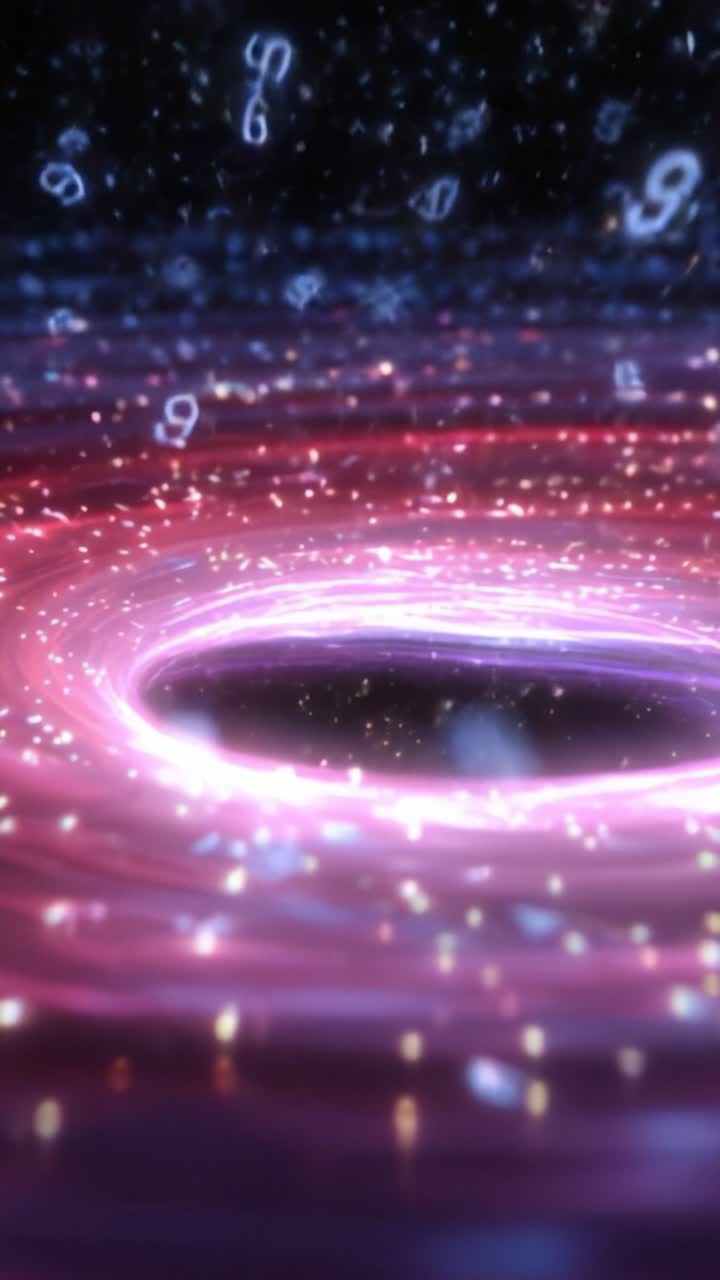 A mesmerizing digital depiction of a swirling vortex surrounded by floating numbers and glowing particles, representing the fusion of mathematics and cosmic phenomena