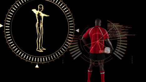 animación de giro del cuerpo humano, procesamiento de datos y escaneo de alcance sobre jugador de rugby