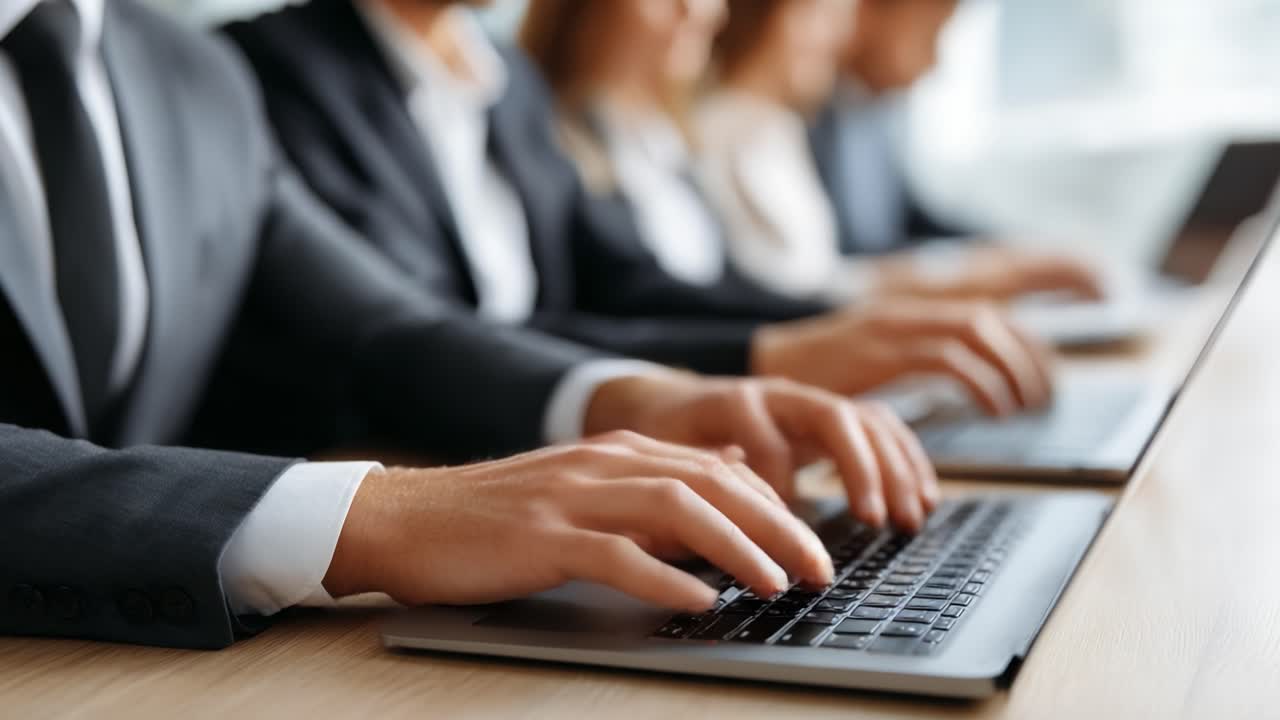 Professional Individuals Engaged in Collaborative Work at Desks, Typing on Laptops in a Modern Office Environment