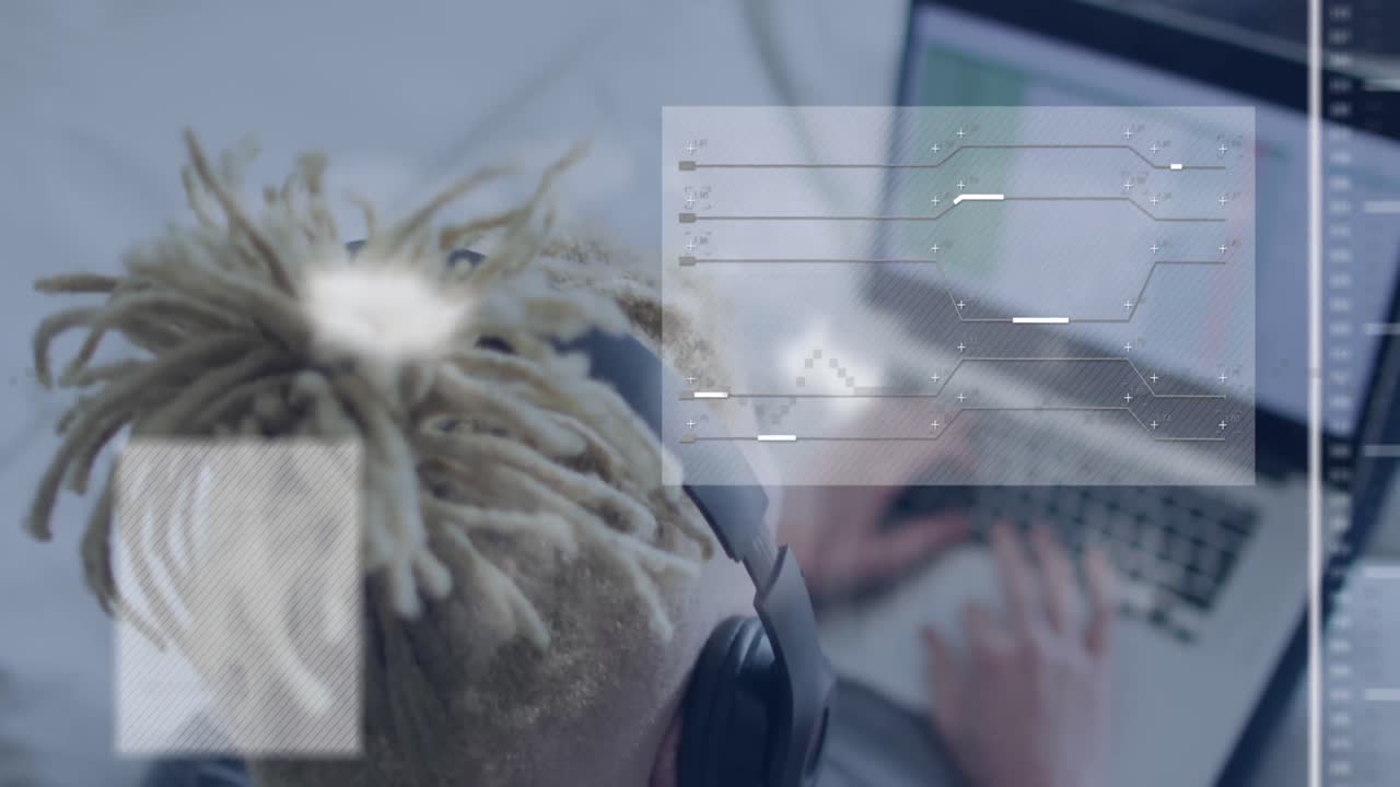 사무실에서 알비노 아프리카계 미국인 사업가에 대한 데이터 처리 애니메이션