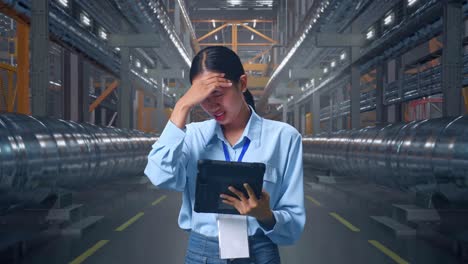 asian female professional worker standing with her tablet in a in big warehouse filled with metal pipes, she is nodding her shead with dissapionted
