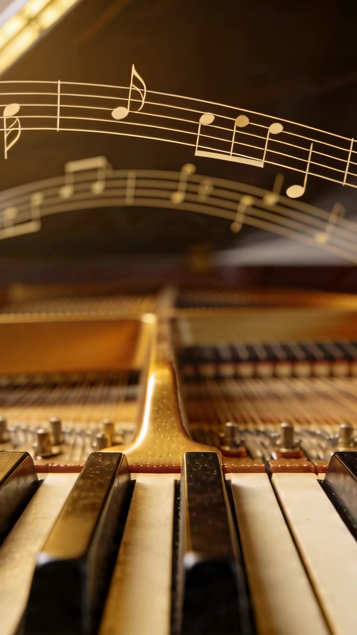Video verticale: Pentagramma in movimento e obiettivo che si inclina, mostrando tasti e corde di pianoforte in studio per un primo piano.