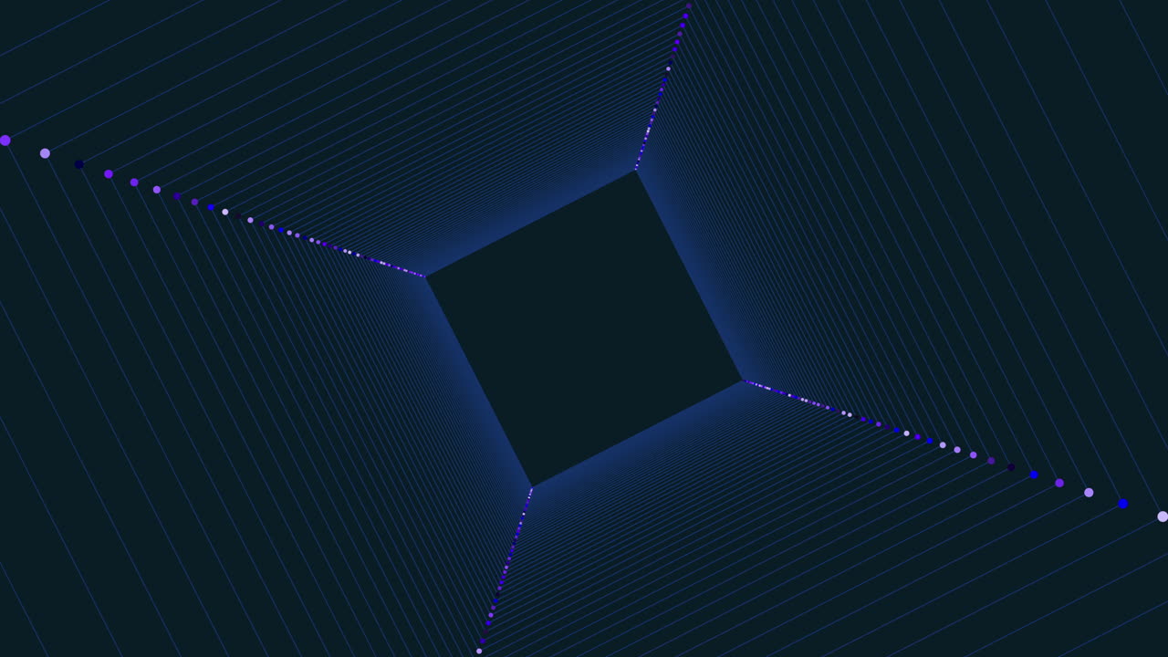 Spinning abstract rainbow cubes in dark hole with neon dots on black gradient