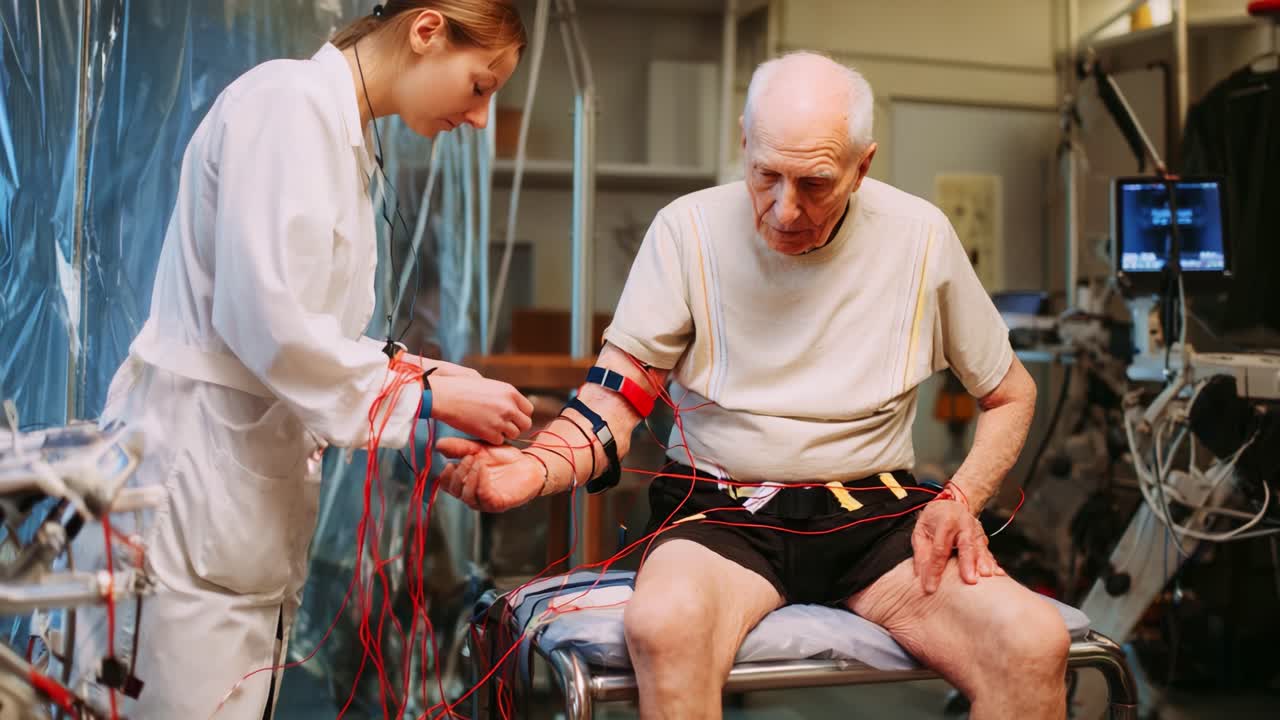Medical Examination of Elderly Patient: Caregiver Conducting Tests in Hospital Environment Using Advanced Equipment to Monitor Health Status and Well-being of Senior Individual