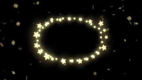 animation of falling gold christmas snowflakes and ring of glowing star lights on black background