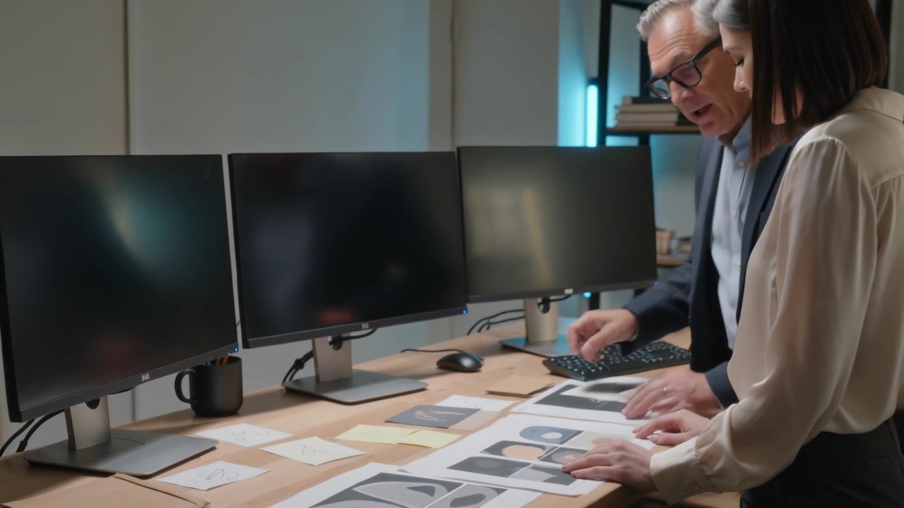 En hånd plasserer et notat mens en dresskledd leder og designer justerer utskrifter på et skrivebord, med plass til tekst.