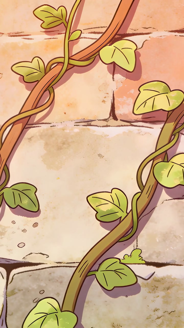 Vertical video: Twisting vines responding to gentle breeze on sunlit brick wall, revealing sprout