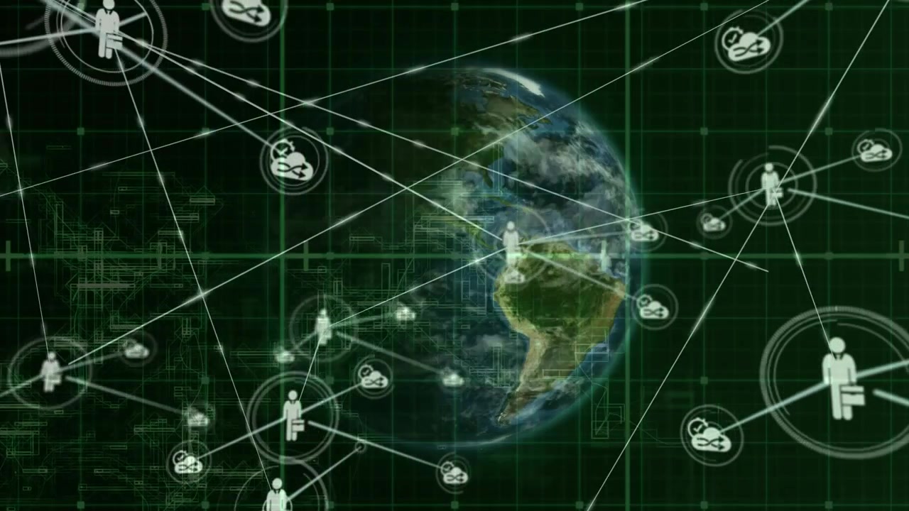 Animazione di una rete di connessioni con icone su un globo e elaborazione dati su sfondo nero.