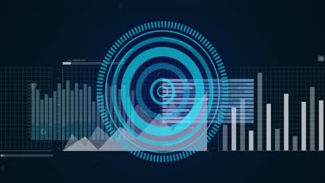 Animation-of-blue-round-scanner-and-statistical-data-processing-against-blue-background