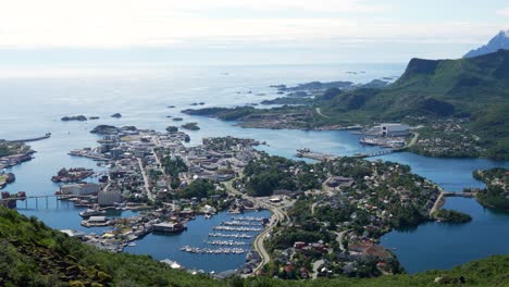 the city of svolvaer seen from above on a sunny day in lofoten, norway