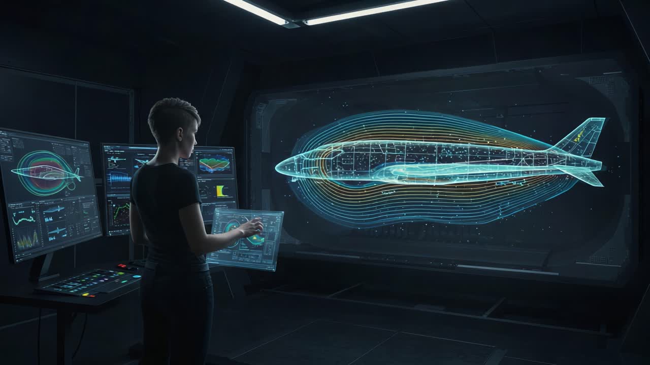 A Futuristic Engineer Analyzing Aerodynamic Data of a Spacecraft in a High-Tech Laboratory - Visualizing Flow Patterns and Performance Metrics with Advanced Technology