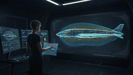 a futuristic engineer analyzing aerodynamic data of a spacecraft in a high-tech laboratory - visualizing flow patterns and performance metrics with advanced technology