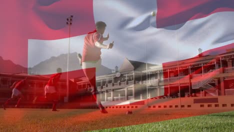 animation of flag of switzerland over diverse male rugby players