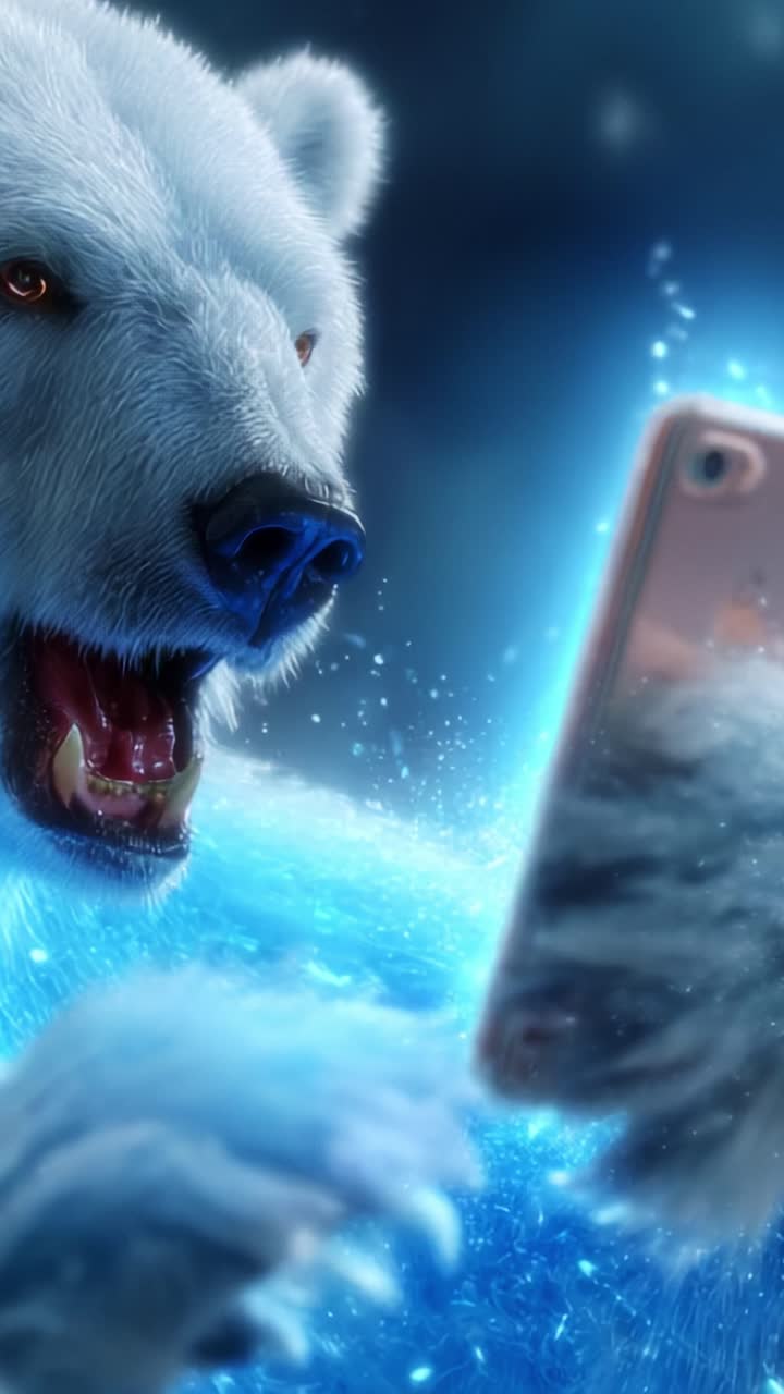 Un enigmático oso polar cautivado por su reflejo: explorando la interacción de la naturaleza y la tecnología en una escena fantástica de un oso contemplando su smartphone con un fondo mágico
