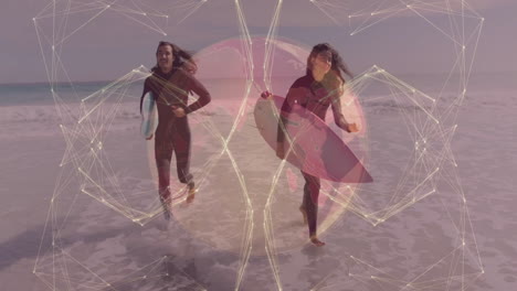 Two surfers running into shallow surf at beach, displaying global network overlay for technology