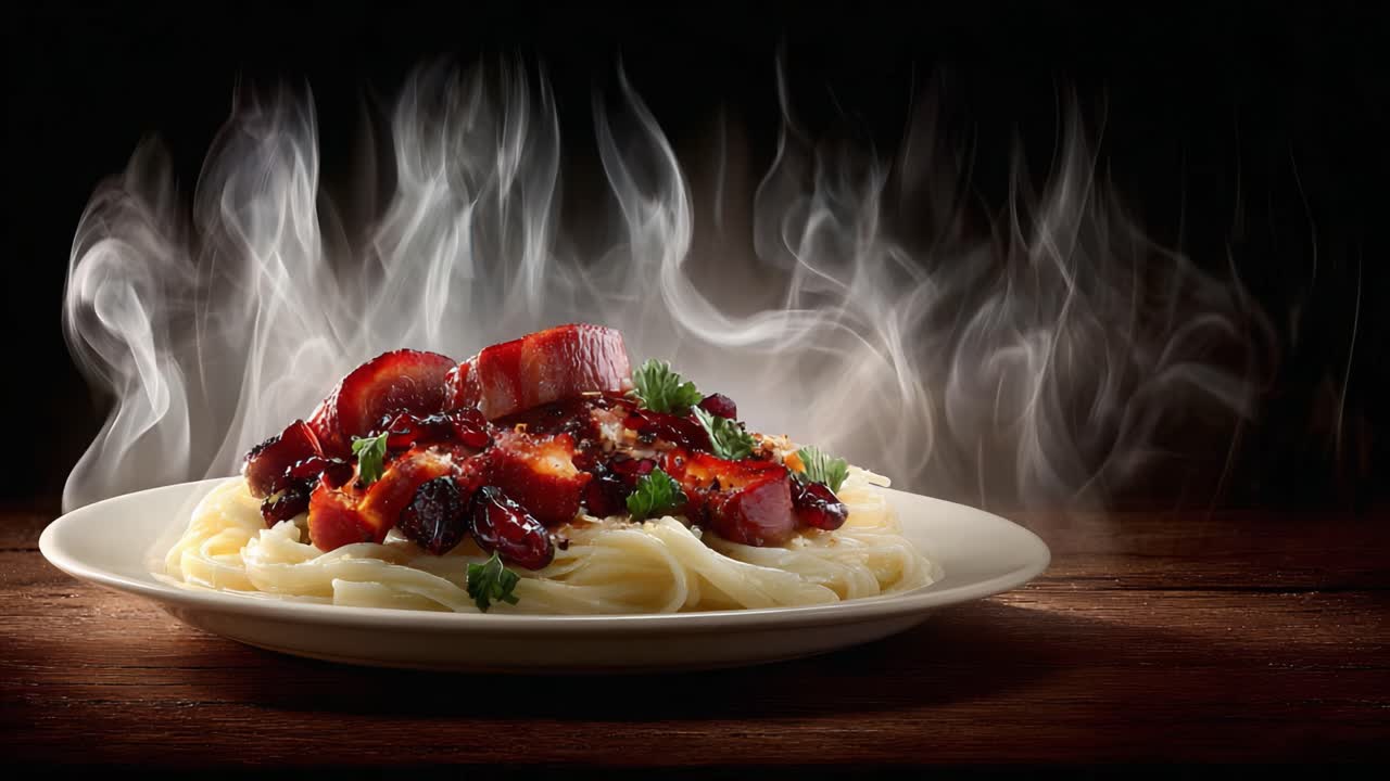 Piatto di pasta deliziosamente fumante con carne saporita guarnita con erbe fresche, catturato in due inquadrature che mostrano il suo fascino appetitoso e l'essenza aromatica