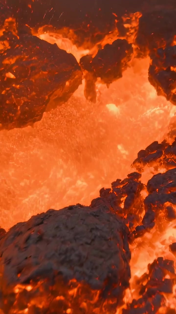 Video verticale: Pozza di lava ribollente che si agita e crosta che crolla rivelando braci nel cratere.