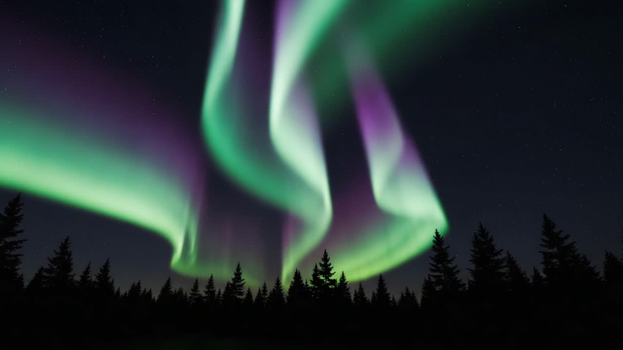 A Mesmerizing Display of Northern Lights Illuminating the Night Sky, with Vibrant Green and Purple Shades Dancing Over a Silhouette of Tall Pine Trees