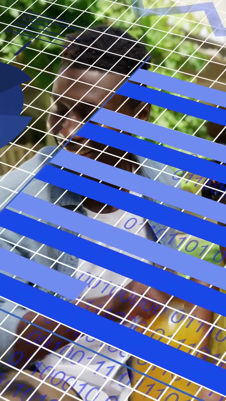 Vertical video: Man and girl tapping tablet in yard starting AR grid charts covering faces for data