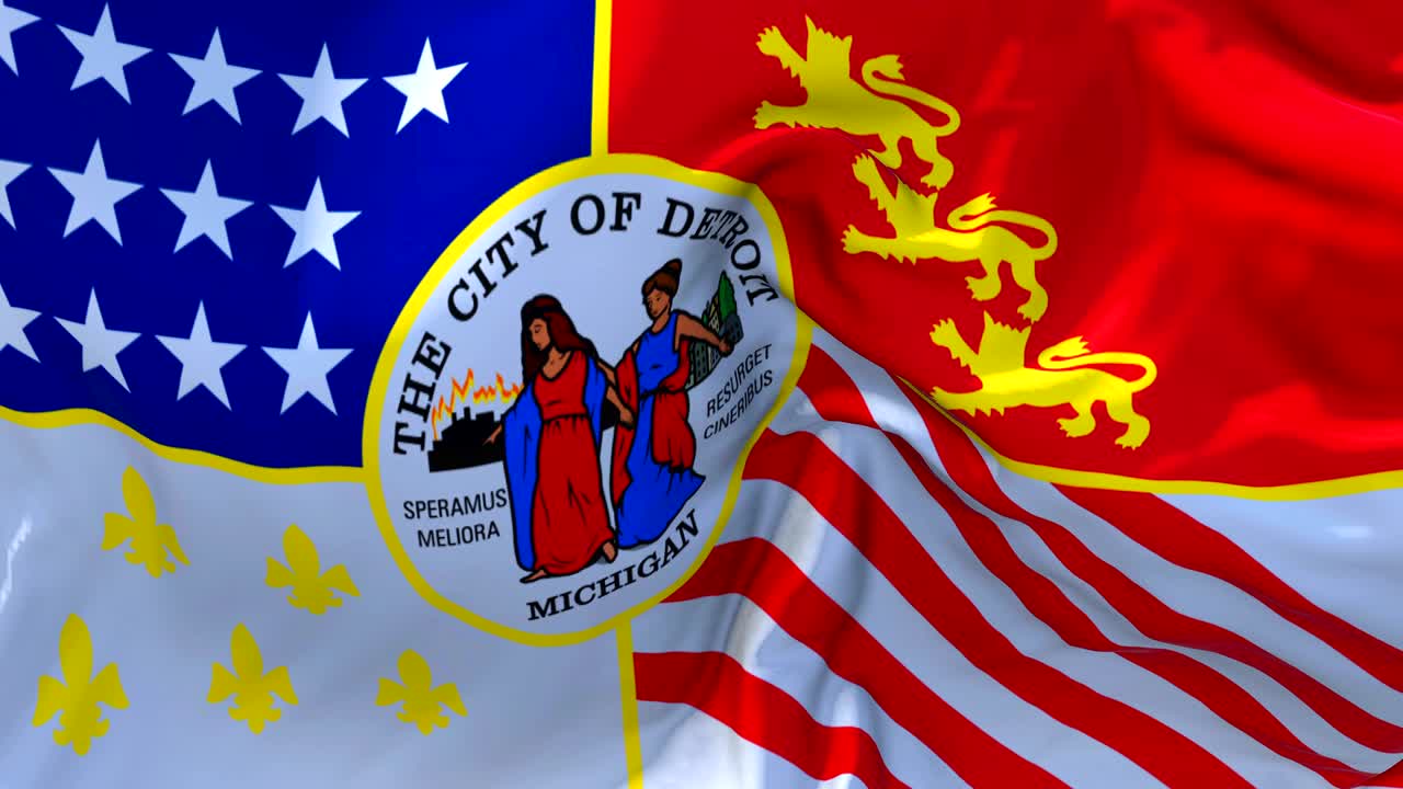 디트로이트 시의 발이 바람 속도 느린 애니메이션에서 흔들리는 4k 현실적인 직물 질감 발은 바람이 부는 날에 부드럽게 부는 연속적인 원활한 루프 배경입니다.