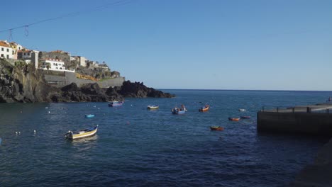 small colourful fishing boats floating in the câmara de lobos bay, madeira island, portugal.