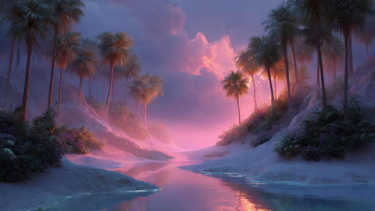 A Serene Twilight Landscape Showcasing Lush Palms and Tranquil Waters Under a Dazzling Sky, Perfectly Capturing Nature's Beauty at Dusk