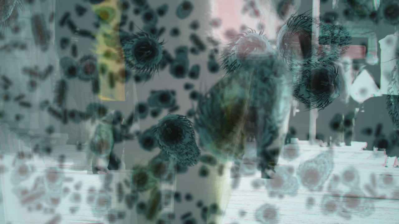 animación de células de covid 19 sobre personas que caminan