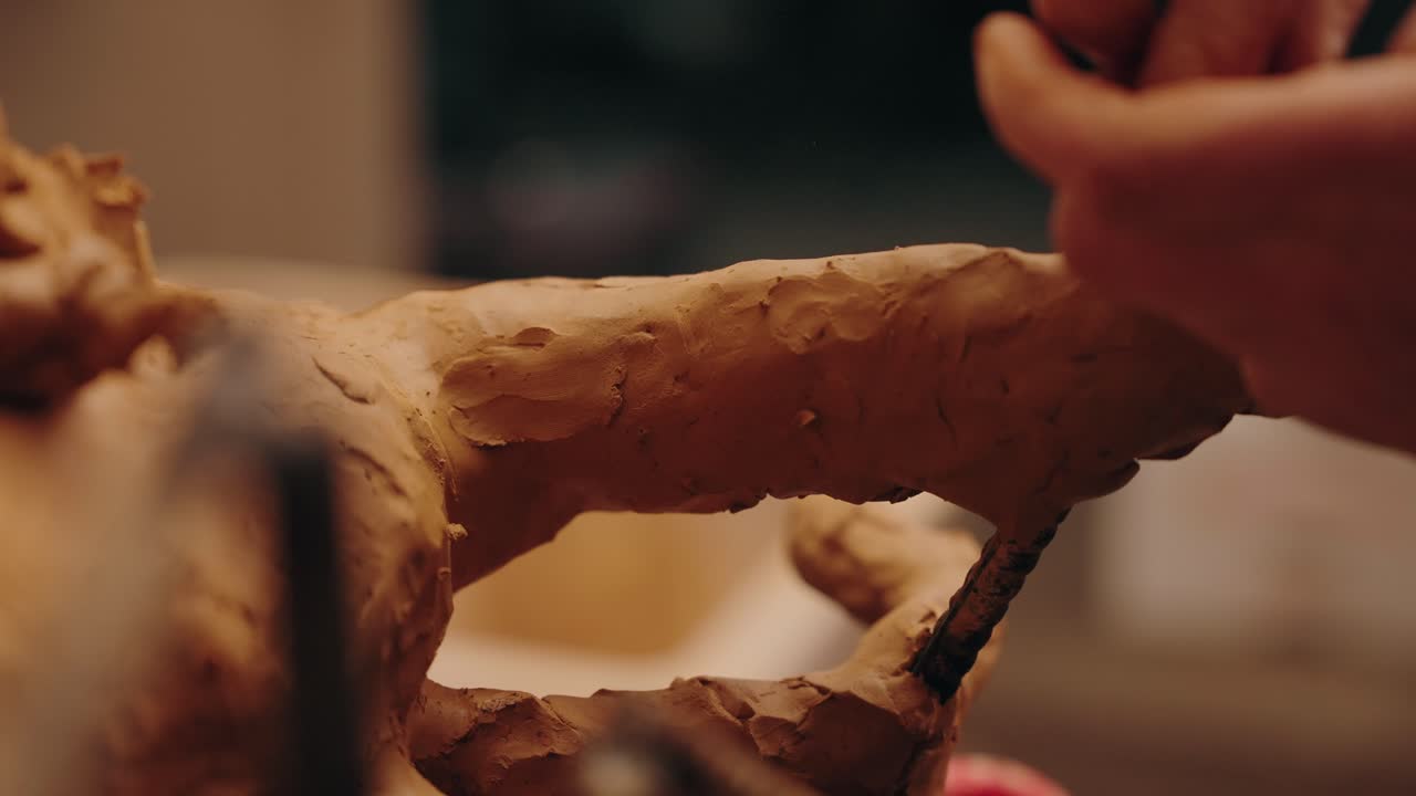 fingers shaping small clay details in artistic sculpture process close up