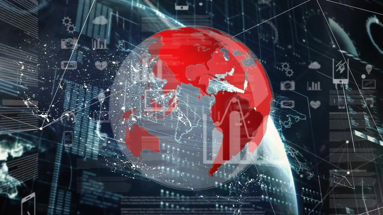 Animation of financial data processing, globe with red world map on graphic interface